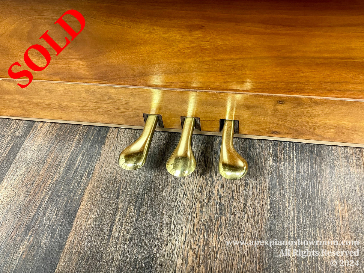 Lower section of a wooden piano with three brass pedals on a wood-patterned floor.