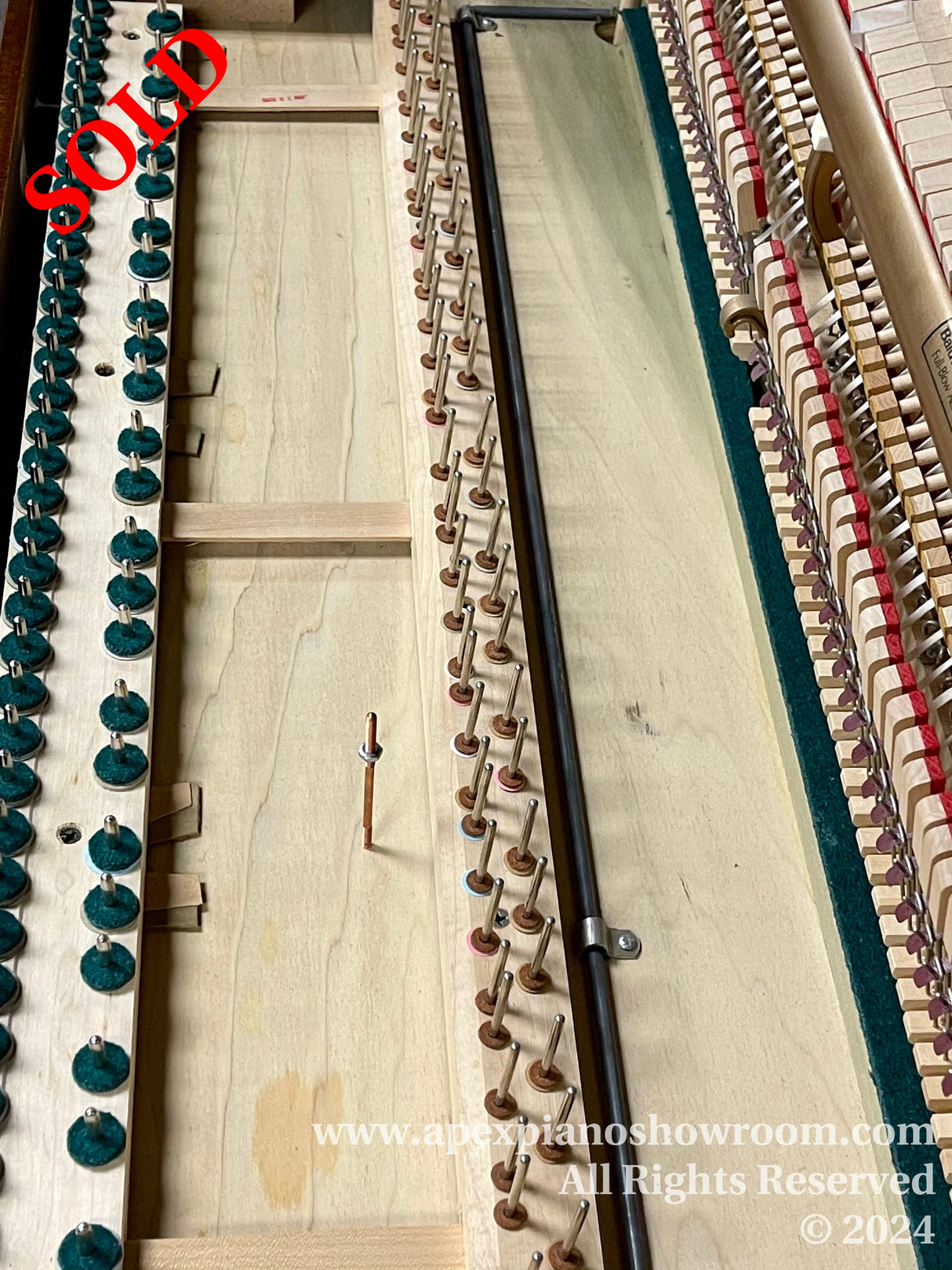 Interior view of a grand piano showcasing the hammer mechanism and strings, with felt dampers and tuning pins visible, during maintenance or refurbishment.