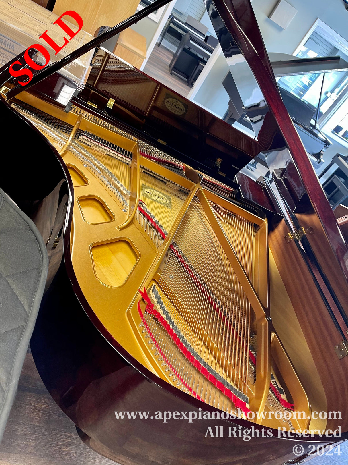Interior view of a grand piano showing gold-colored frame and strings, ebony polished finish, and the opened lid reflecting a bright room environment.