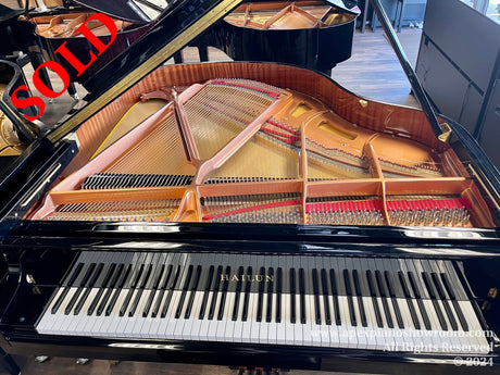 A grand piano with a glossy black finish and the lid open, displaying its golden interior framework and strings, with the name HAILUN printed above the keyboard.