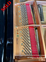 Close-up view of the interior of a grand piano showing the strings, tuning pegs, and the soundboard with a copper finish. The image highlights the intricate engineering and craftsmanship of the piano's internal mechanism.