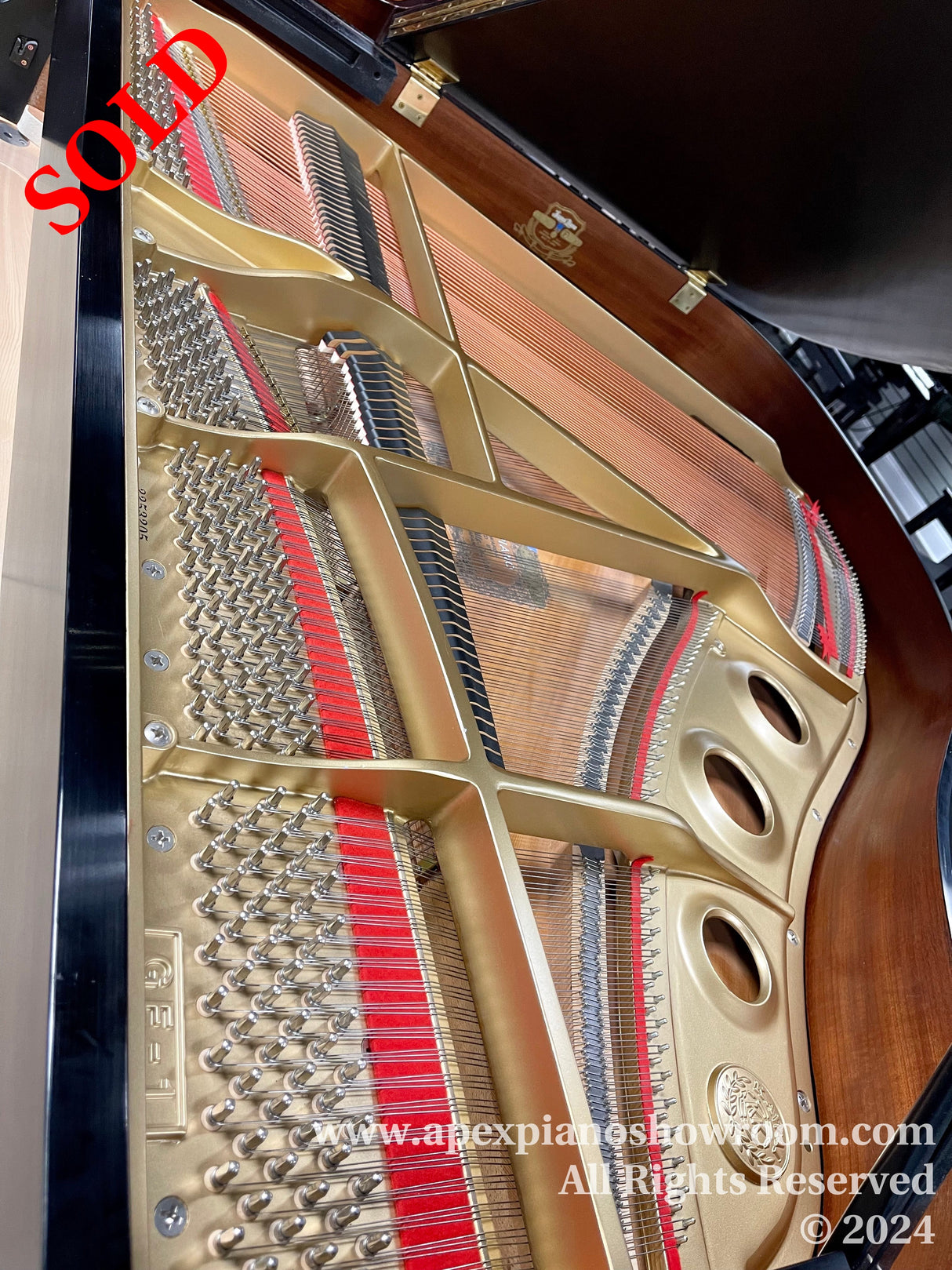 Interior view of a grand piano showcasing its strings and soundboard, with visible tuning pins, dampers, and the cast iron plate, indicative of high-quality piano craftsmanship.