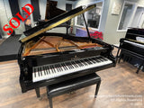 A grand piano with the brand name Kimball on the fallboard is open, showing its glossy black exterior and golden interior mechanics. The piano is set in a showroom with various pianos in the background, including an upright piano, and decor that includes framed mirrors and a potted red poinsettia on a purple tablecloth.