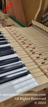 Close-up view of piano hammers and strings inside an upright piano, showing the felt-tipped hammers aligned with corresponding strings, and the keyboard with black and white keys in the foreground.