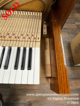 Interior view of an upright piano showing the hammers and strings, with a focus on the pianos mechanics and the keybed, alongside a polished wooden exterior.
