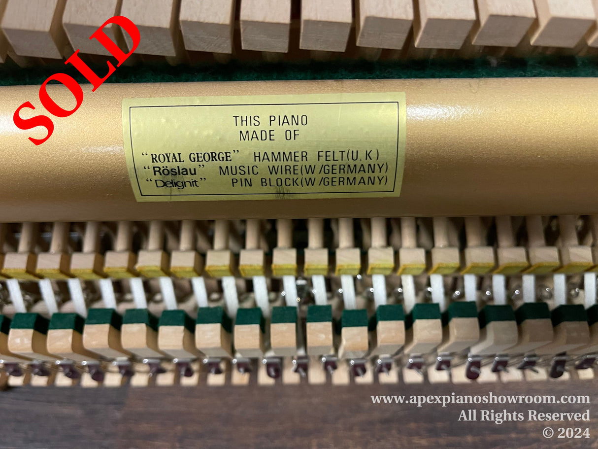 Close-up view of a pianos internal mechanism, highlighting the quality materials used, including Royal George hammer felt from the United Kingdom, Röslau music wire from Germany, and Delignit pin block from Germany, showcasing components typically found within a finely crafted piano.