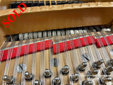 Close-up view of gold-painted piano plate with strings and tuning pins, showing red felt dampers and intricate internal mechanism of a grand piano.