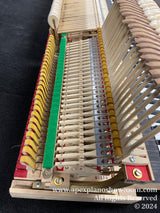 Close-up view of a piano action mechanism with hammers, dampers, and strings on a black background, indicating the intricate internal workings of a piano.