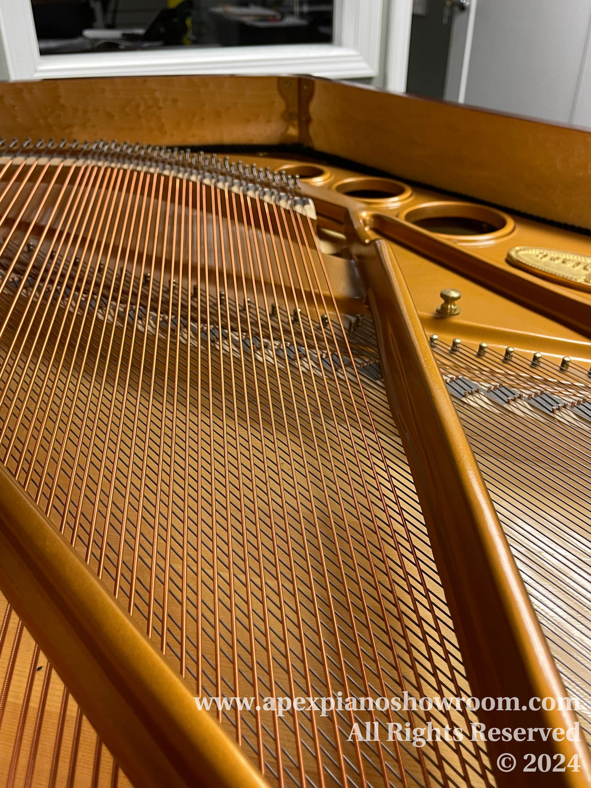 Close-up view of the interior of a grand piano, showcasing the golden cast iron plate, numerous tightly strung steel piano wires, and the wooden soundboard with reflective light.
