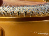 Interior view of a grand piano showing gold-colored tuning pins, tightly coiled steel piano wires, and the felt-tipped hammers, indicative of intricate piano craftsmanship.