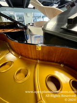 Close-up view of the interior of a grand piano showing the soundboard and string placement, with additional grand pianos visible in a piano showroom.