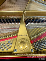 Interior view of a Weber grand piano showcasing the gold-painted frame and harp, the intricate string layout, and tuning pins. Serial number TG0010196 prominently displayed.