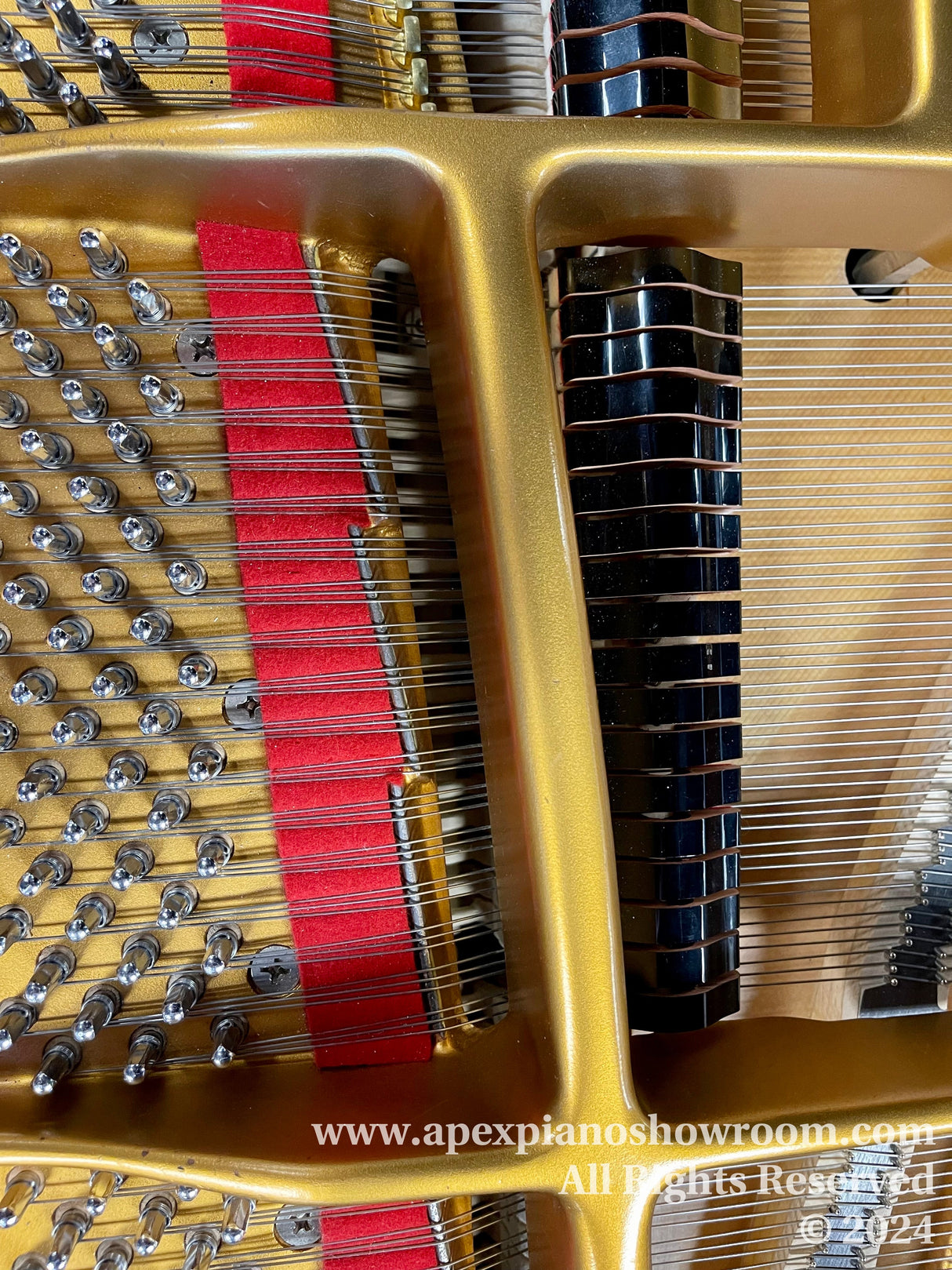 Interior of a grand piano showing gold-colored frame, strings, and tuning pins with red felt dampers and black soundboard — intricate details of piano craftsmanship visible.