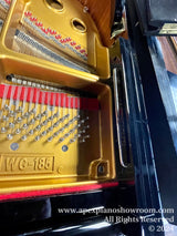 Interior view of a grand piano showing gold-painted metal frame and strings, labeled with WG-185, indicating model number, set against black polished piano casing.