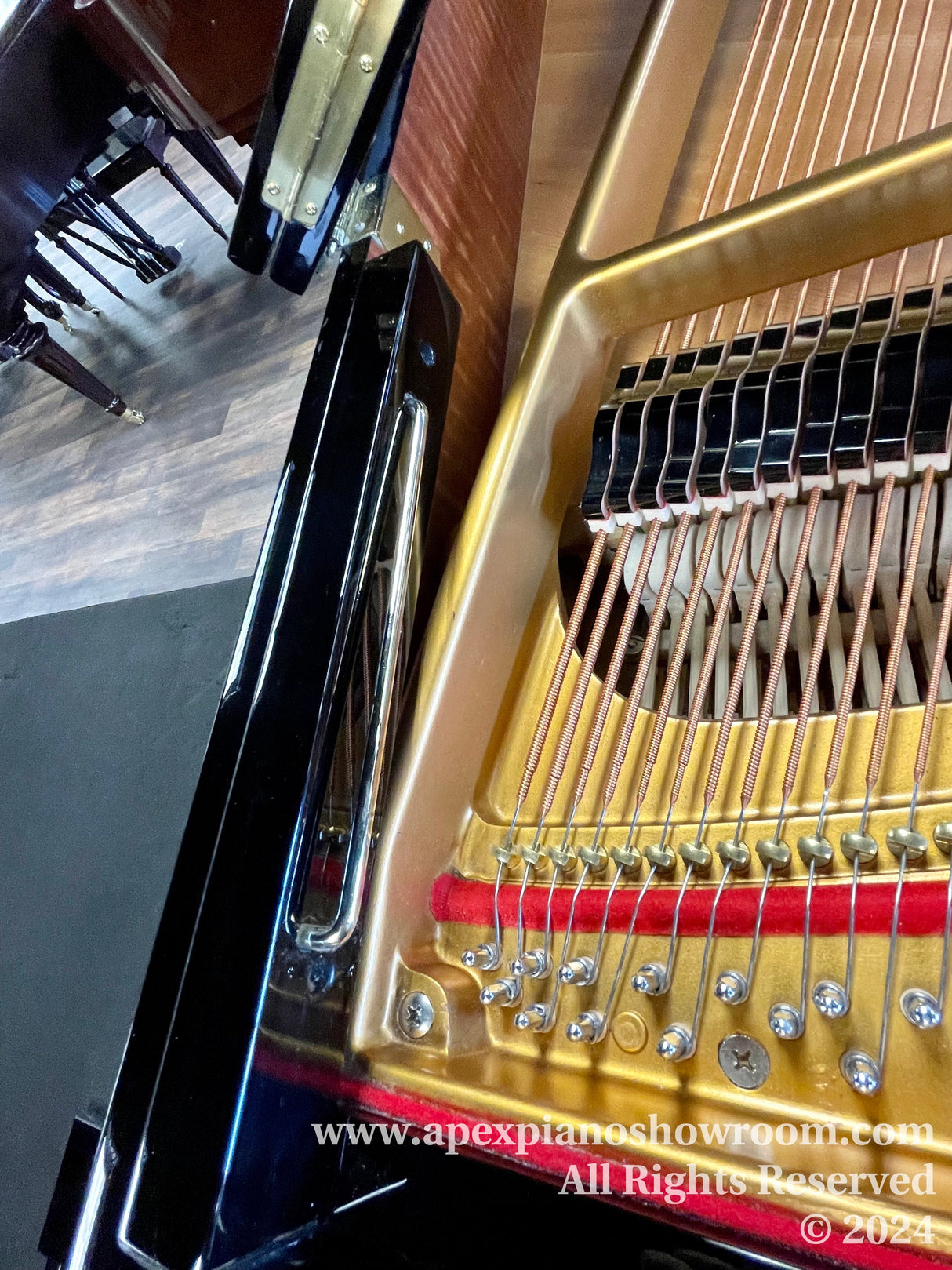 Close-up view of a grand pianos interior, showing the gold-painted frame, high-tension strings, and tuning pins with a reflective black finish on casing — an intricate look at the craftsmanship of a piano.