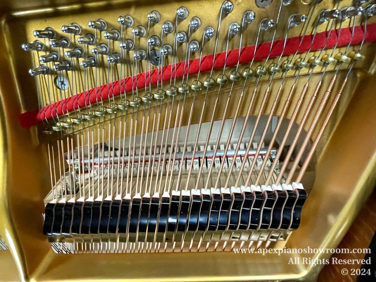 Interior view of a grand piano showing strings, tuning pins, and dampers, highlighting the intricate mechanism that produces the instruments sound.