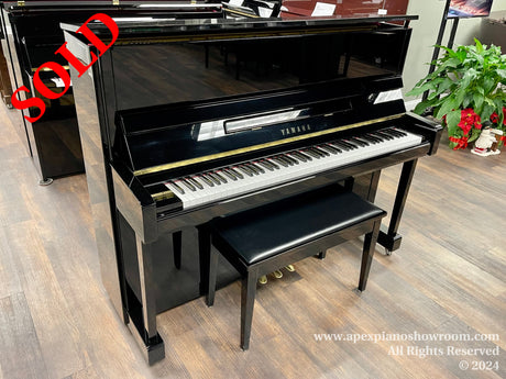 A shiny black Yamaha upright piano with matching bench is displayed in a piano showroom, positioned on a wooden floor beside a potted green plant with red accents.