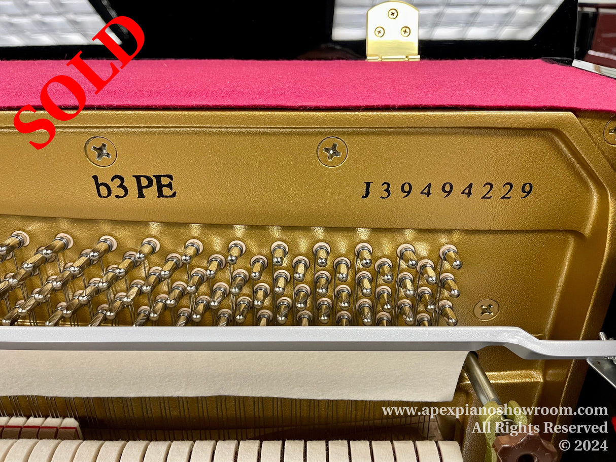 Gold finished piano plate with model number b3PE and serial number J39494229 displayed, showcasing numerous tightly wound piano strings and tuning pins, with a partial view of white keys at the bottom.
