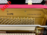 Gold finished piano plate with model number b3PE and serial number J39494229 displayed, showcasing numerous tightly wound piano strings and tuning pins, with a partial view of white keys at the bottom.