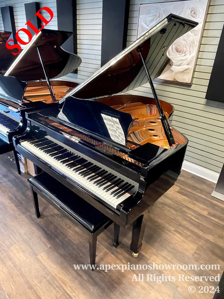 Polished black grand piano with lid open, displaying its strings and hammers, set in a showroom with decorative wall art in the background.