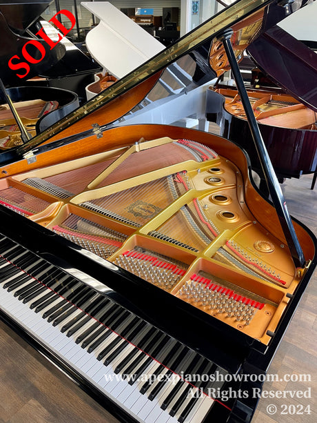 Grand piano with lid open showcasing the intricate internal string and hammer mechanism, polished ebony finish, and a full keyboard set in a well-lit showroom surrounded by other pianos.