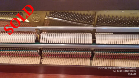 Interior view of a grand piano showing the hammers, strings, dampers, and the internal mechanism, highlighting the intricate components involved in piano design and engineering.
