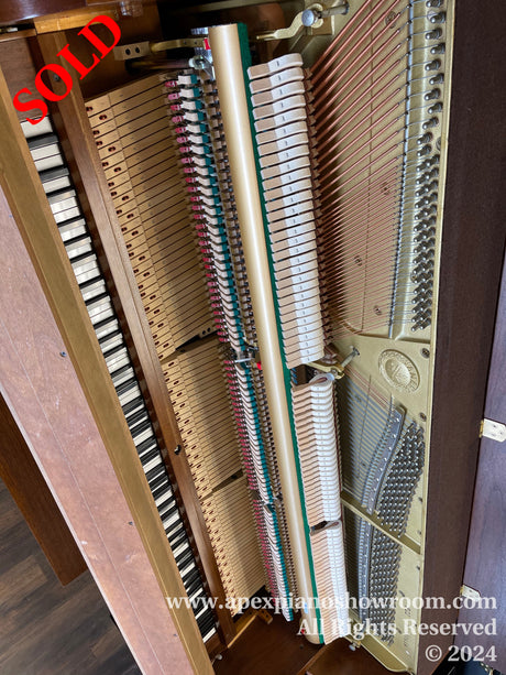Interior view of an upright piano showcasing the hammers, strings, and action mechanism, with a focus on the intricate engineering and craftsmanship involved in piano construction.