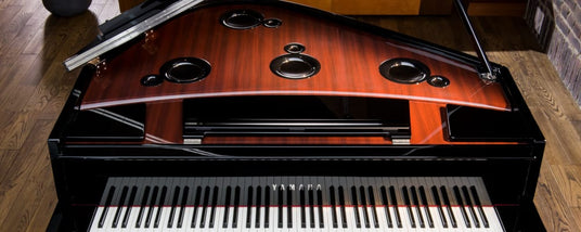 Grand piano with polished mahogany finish and open lid, showcasing its strings and soundboard, set against hardwood flooring.