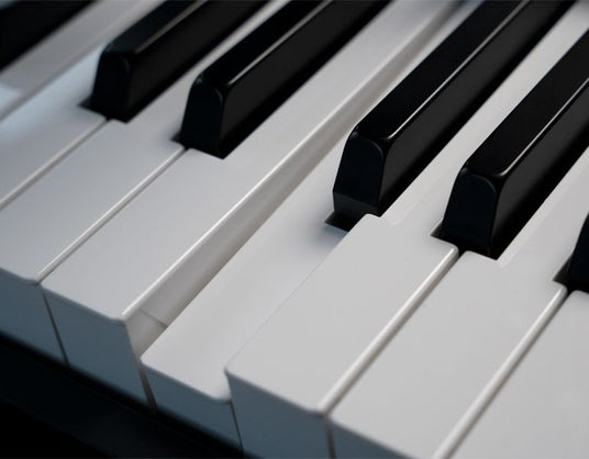 Close-up view of piano keys showing both black and white keys with a focus on their texture and alignment, representing elements of piano design and craftsmanship.