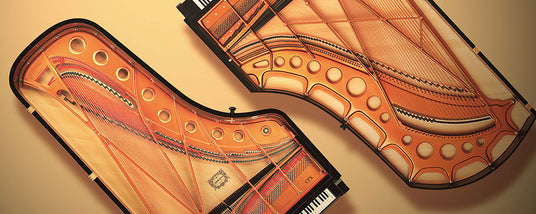 Two sections of a grand piano in cross-section with internal mechanisms visible, artistically rendered against a beige background.