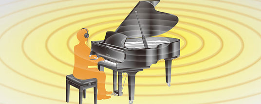 Illustration of an orange silhouette of a person wearing headphones playing a black grand piano against a yellow background with circular sound waves emanating from the piano.