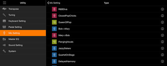 Screenshot of a digital audio workstation (DAW) software interface showing various microphone settings options such as R&B Diva, ClosedPopChicks, QueenOfPop, and others.