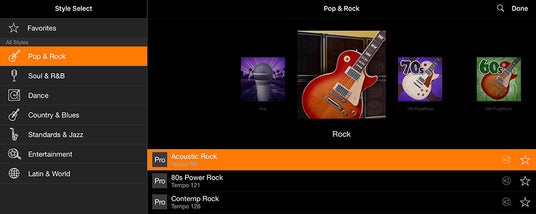 Screenshot of a music style selection interface with categories including Pop & Rock, Soul & R&B, and others, with a focus on Rock genre, showing thumbnail images for Pop, Acoustic Rock, 80s Power Rock, 70s Pop&Rock, and 60s Pop&Rock.