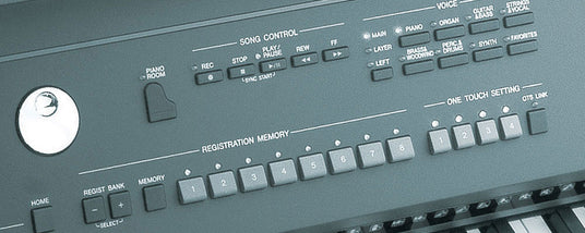 Close-up of the control panel on an electronic keyboard with buttons such as Song Control, Registration Memory, and One Touch Setting.