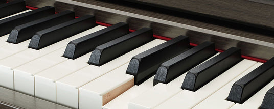 Close-up of piano keys showing both black and white keys with a shallow depth of field.