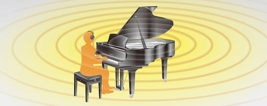 Illustration of an abstract orange figure wearing headphones seated at a black grand piano with ambient concentric yellow circles in the background.