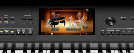 Electronic keyboard with a screen display showing an animated band with a grand piano, along with various control buttons such as style, assignable, and piano room, and a keyboard in the foreground.