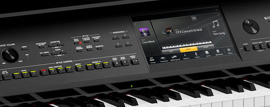 Close-up of a digital piano control panel with an LCD screen displaying a CFX Concert Grand piano setting, surrounded by various buttons and knobs for sound control and customization.