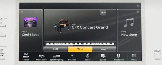 Close-up of a digital piano's interface screen displaying settings such as "Cool 8Beat" style, "CFX Concert Grand" main voice, tempo controls, and options for score, lyrics, and Bluetooth.