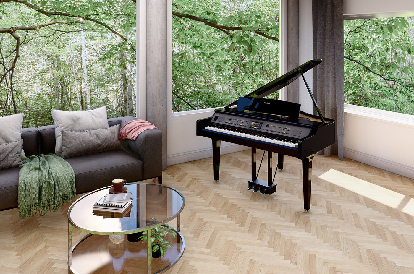 A modern living room with a black grand piano by the window, overlooking a lush green forest, with natural light highlighting the instrument's sheen.