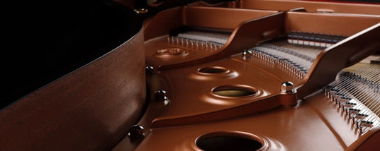 Close-up view of the interior of a grand piano, showcasing the strings, hammers, and soundboard with a focus on the craftsmanship and engineering of the instrument.