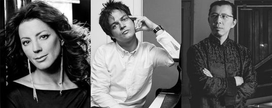 Three monochrome portraits of professional pianists, with one woman and two men, each expressing individuality in their posture and attire, hinting at their unique styles in piano performance.