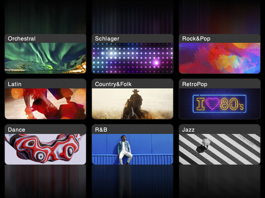 A selection screen displaying various music genres, each with a representative image and label, possibly for selecting piano accompaniment styles such as Orchestral, Schlager, Rock & Pop, Latin, Country & Folk, RetroPop, Dance, R&B, and Jazz.