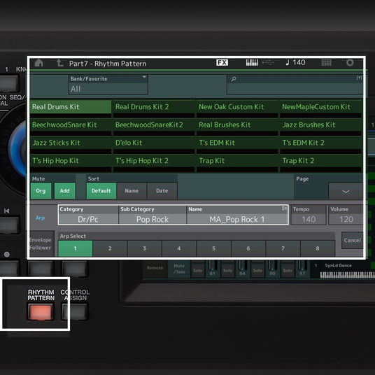 Screenshot of a digital audio workstation displaying a rhythm pattern interface, which could be used for composing or editing piano and percussion tracks in music production.