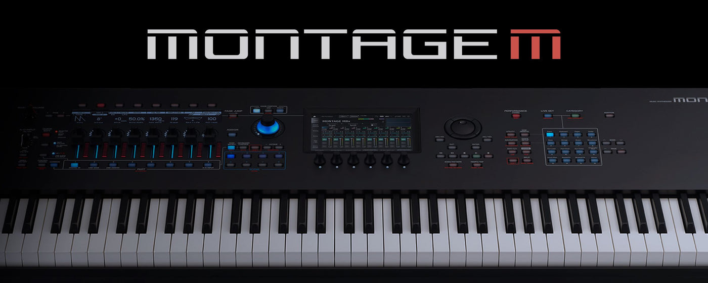 electronic keyboard synthesizer with various control knobs, sliders, and a digital screen, displayed against a dark background with the text "montage ii" above.