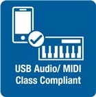 Icon indicating USB Audio/MIDI class compliance in digital piano connectivity options.