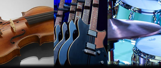 A montage of various musical instruments, including a close-up of a violin on the left, a row of electric guitars in the center, and a part of a drum set on the right, representing a diverse range of musical equipment related to the performance industry.