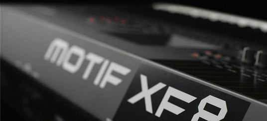 Close-up of a Motif XF8 keyboard highlighting the model name, part of the piano and keyboard product line.