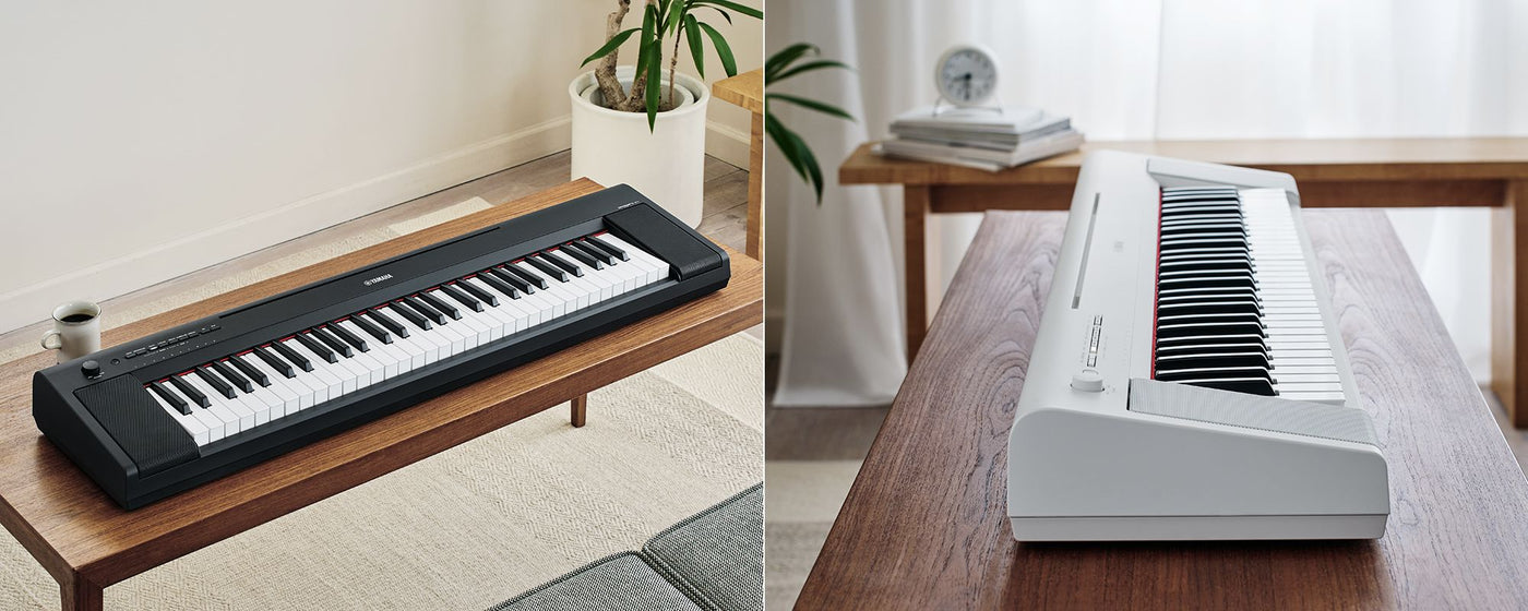 two digital keyboards placed on wooden tables in different indoor settings; the left one is black and the right one is white, both in modern living spaces.