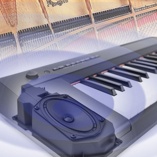 Close-up of a digital piano keyboard with integrated speakers, showcasing a blend between traditional piano design and modern music technology.